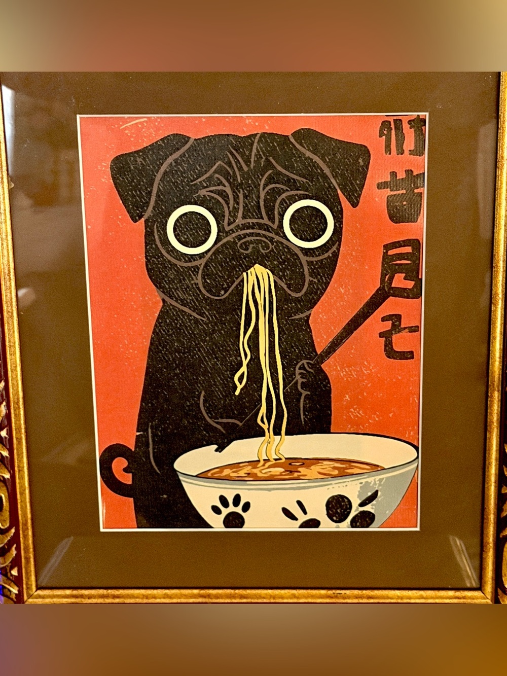 Hungry Pug Eating Ramen Japanese Retro Style Canvas Art Print Vtg Frame Dog Art - Picture 3 of 9